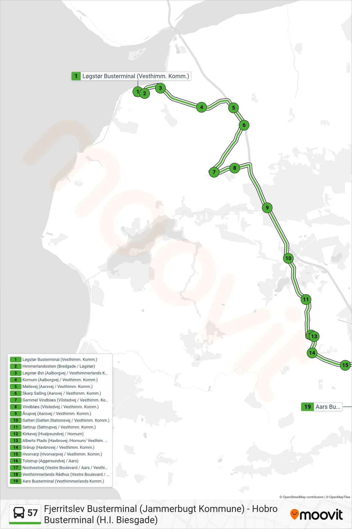 57 bus Line (Hobro Busterm. (Skift I Aars)) route and stops on a map