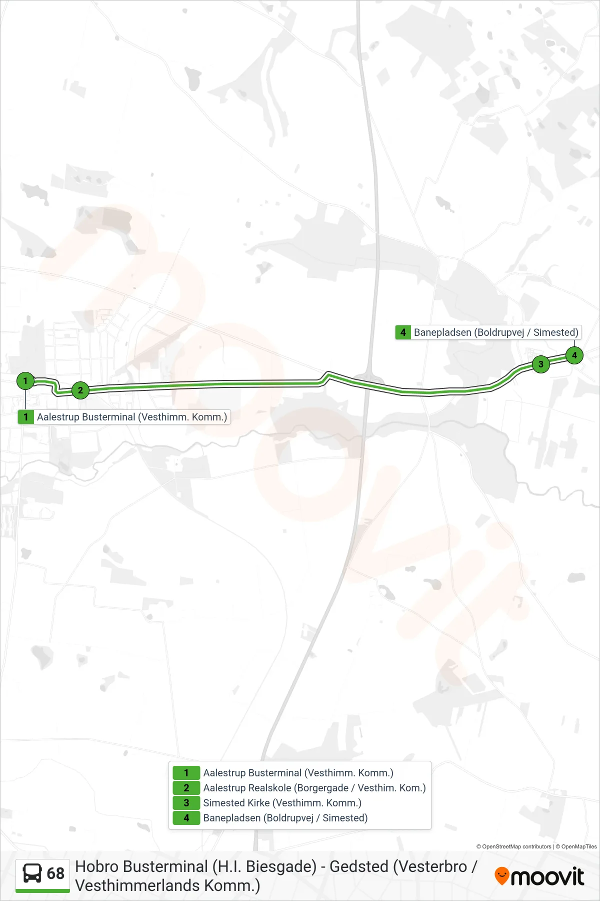 68 bus Linje (Simested) rute og stop på et kort