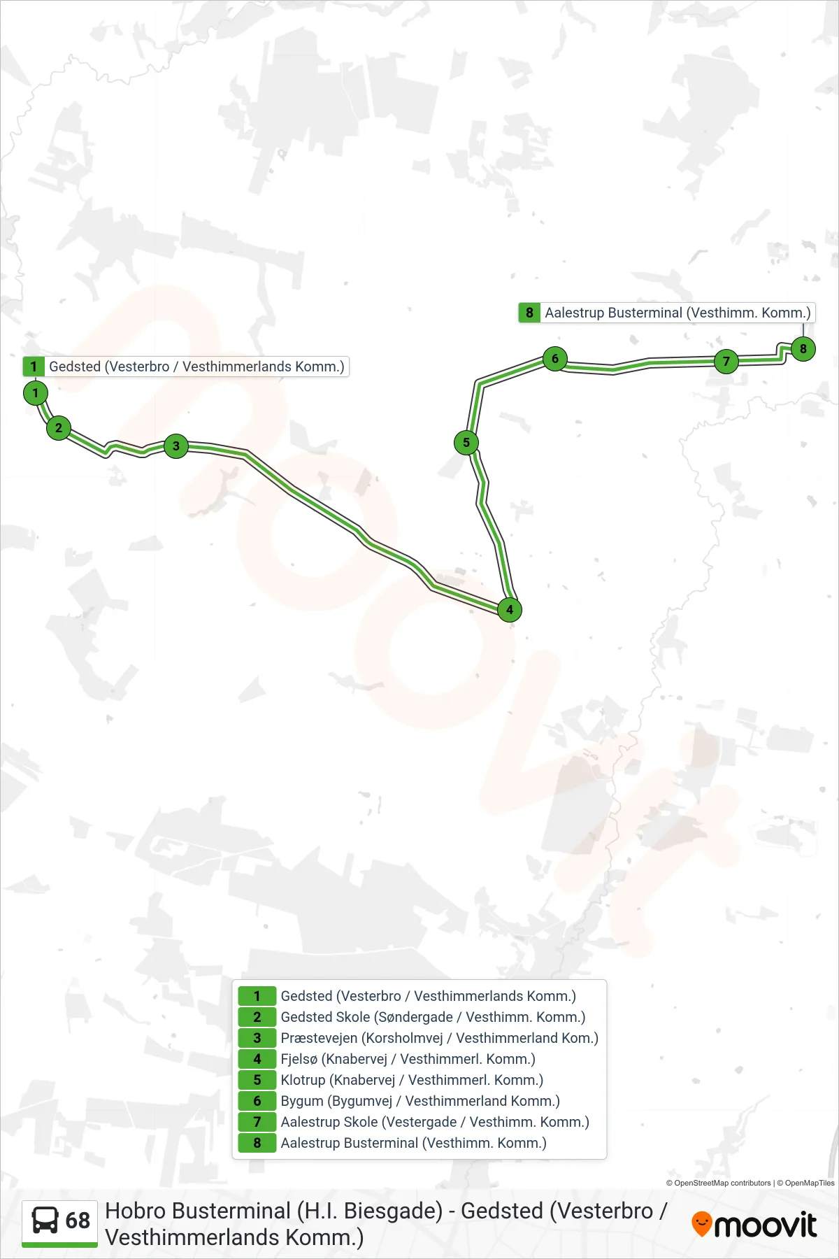 68 bus Line (Aalestrup) route and stops on a map