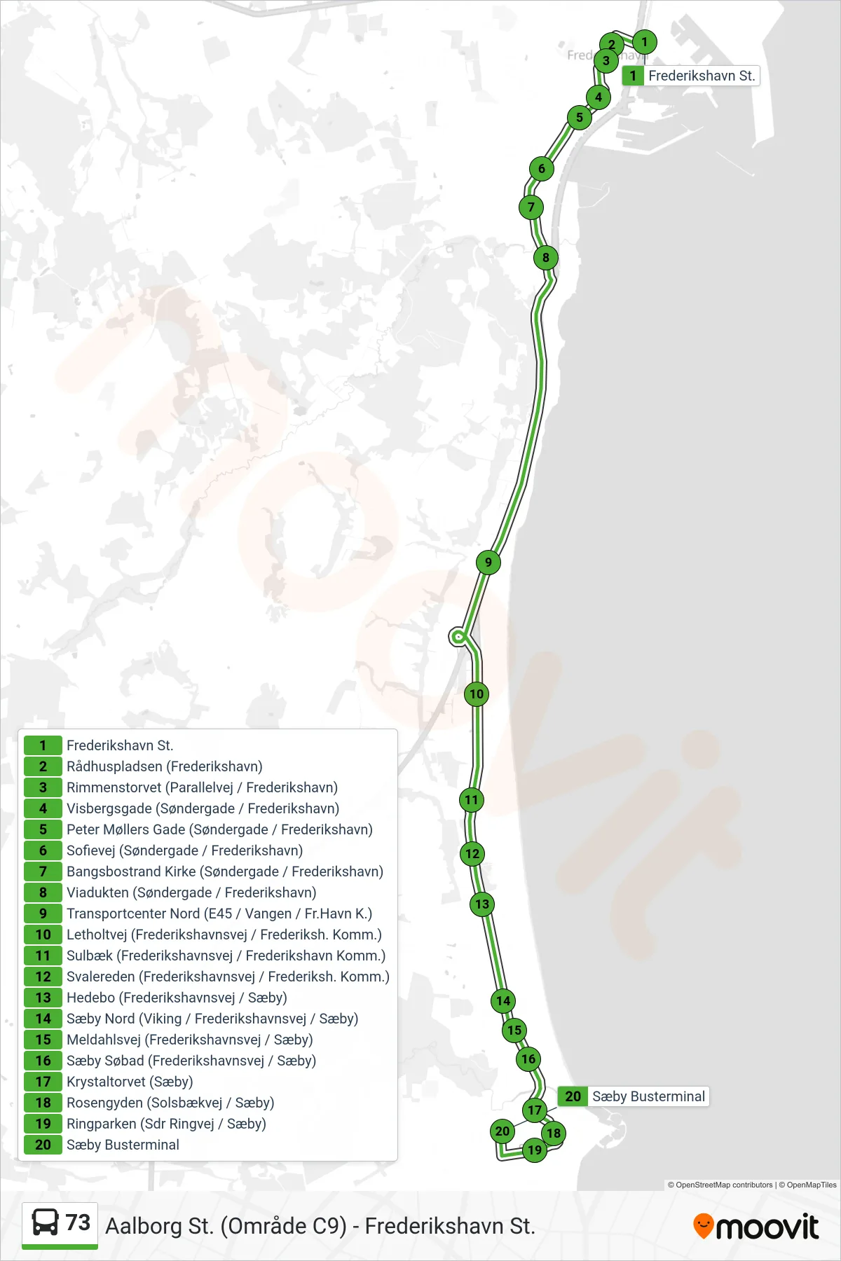73 bus Linje (Sæby) rute og stop på et kort