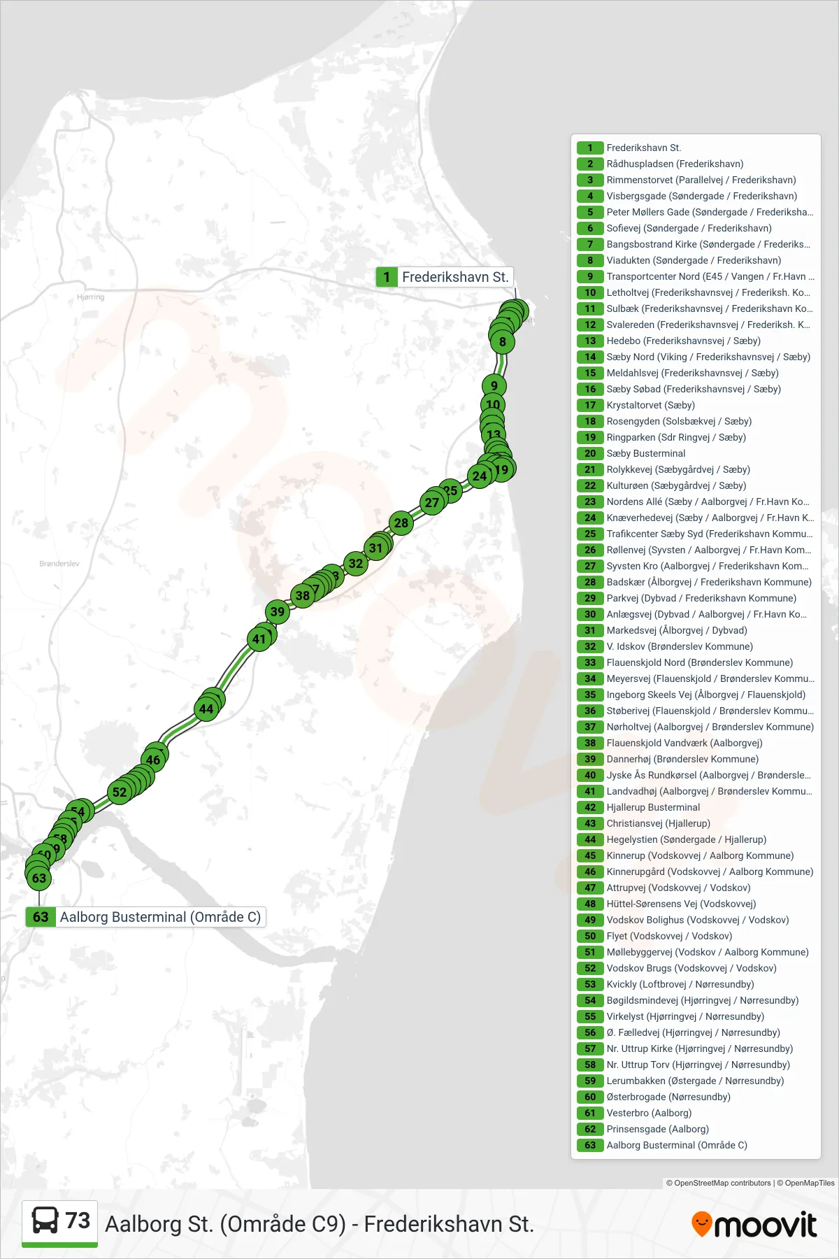 73 bus Linje (Aalborg St.) rute og stop på et kort