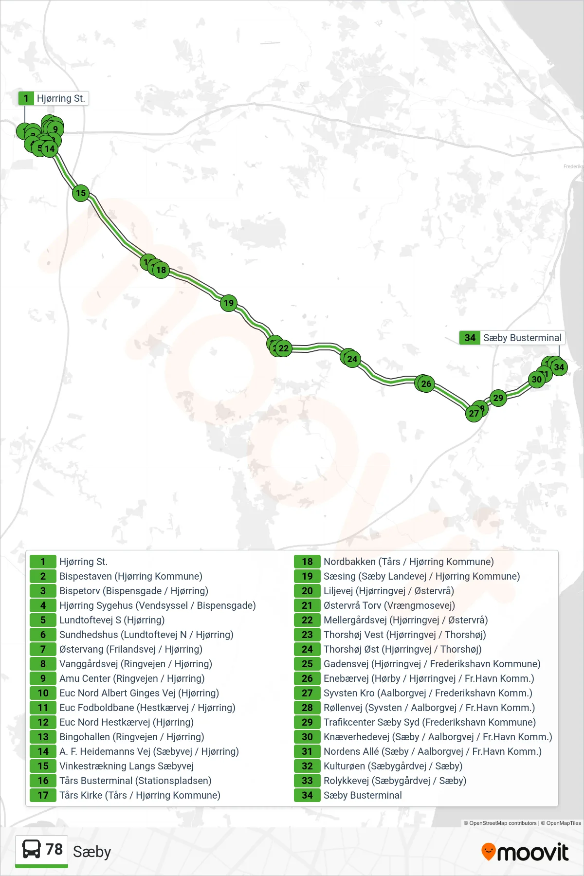 78 bus Linje (Sæby) rute og stop på et kort