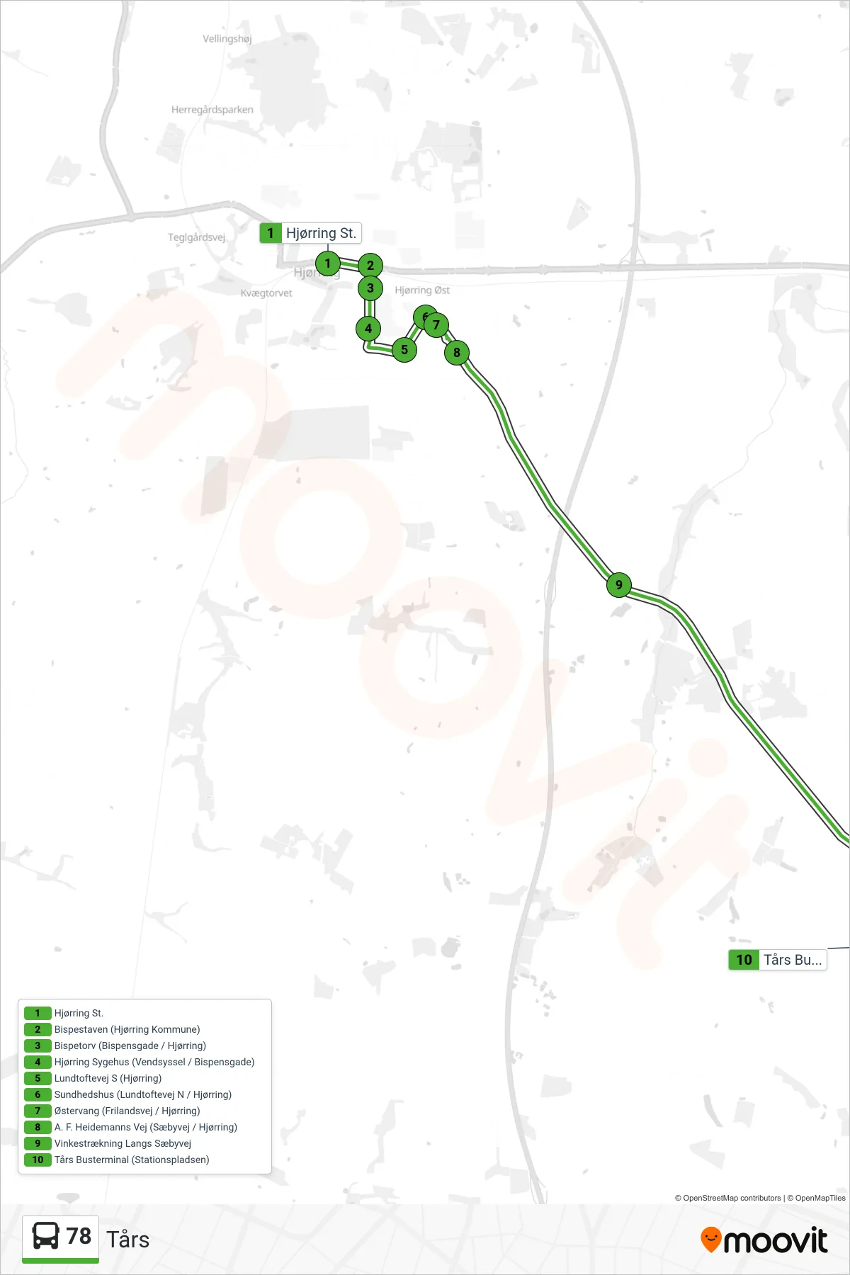 78 bus Linje (Tårs) rute og stop på et kort