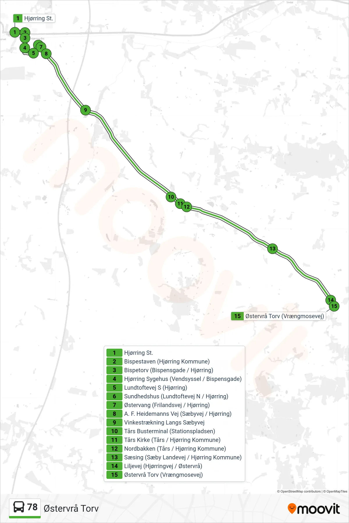 78 bus Line (Østervrå Torv) route and stops on a map