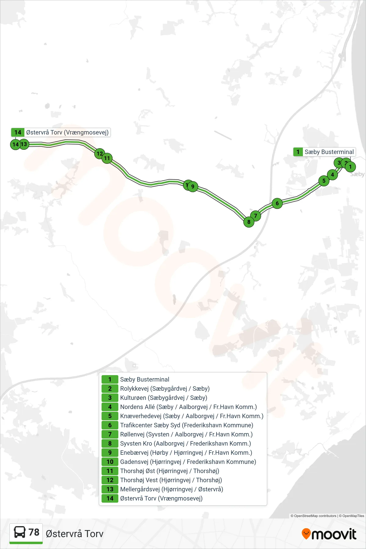 78 bus Line (Østervrå Torv) route and stops on a map