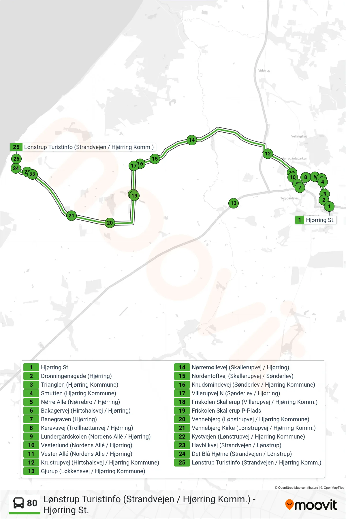 80 bus Line (Lønstrup) route and stops on a map