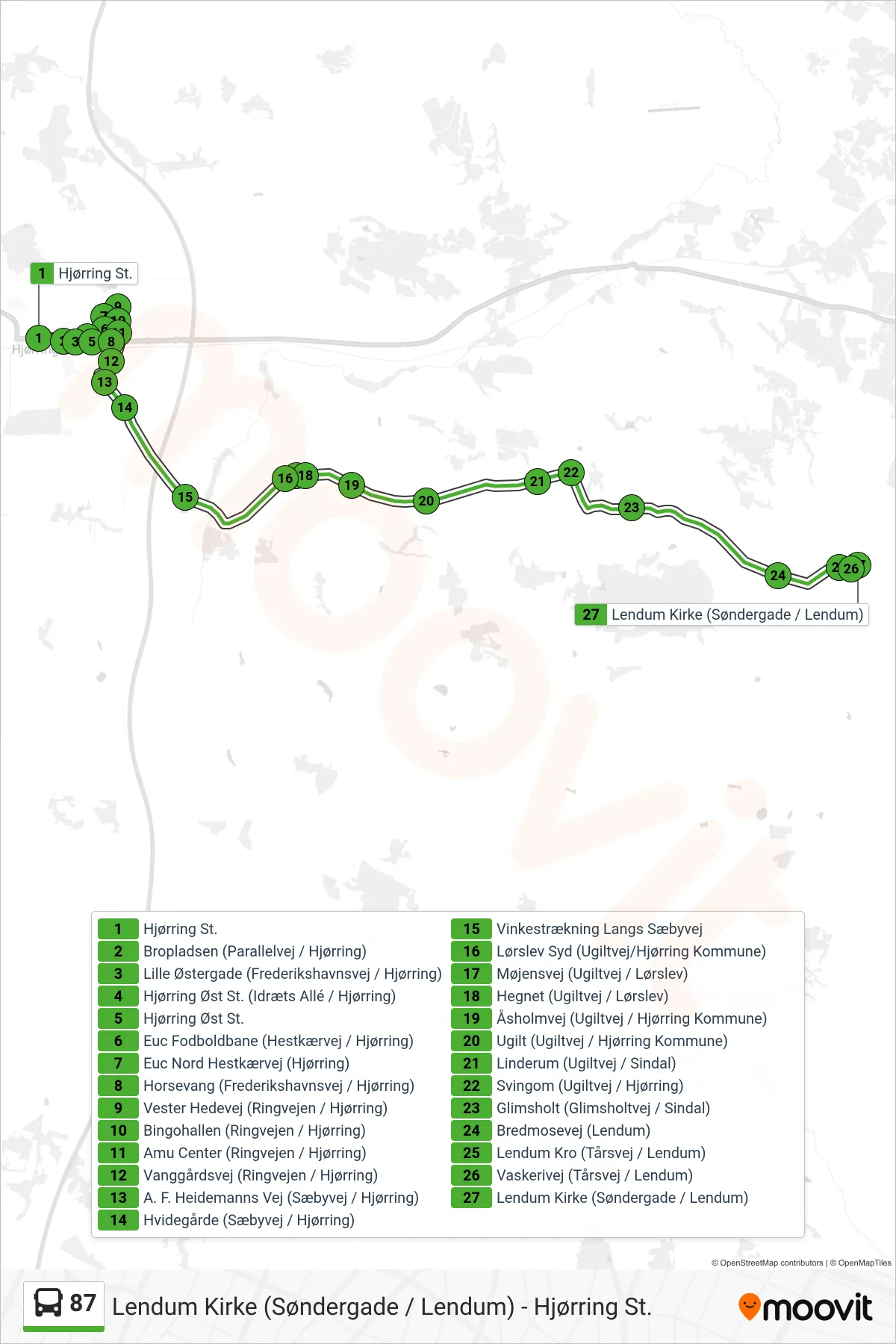 87 bus Line (Lendum) route and stops on a map
