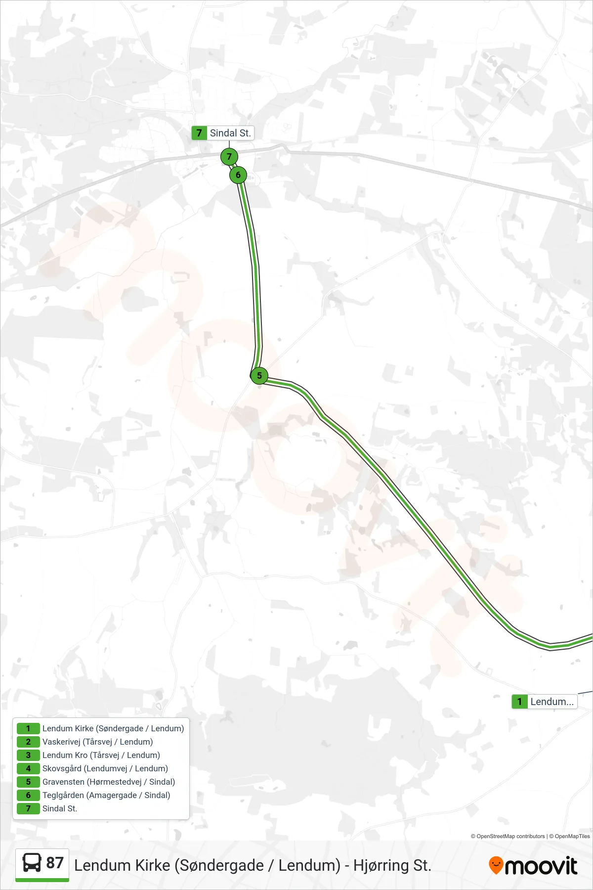 87 bus Linje (Sindal St.) rute og stop på et kort