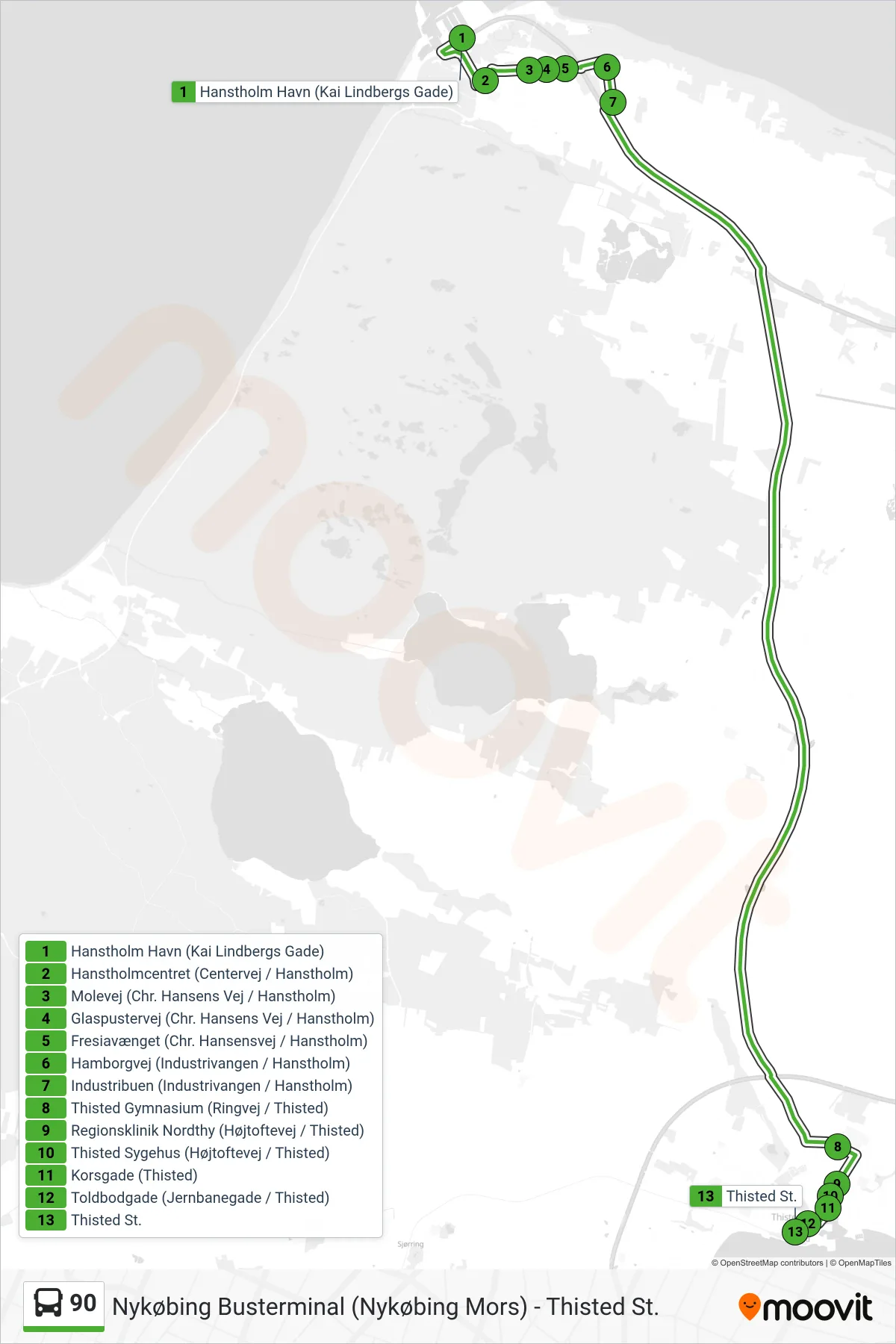90 bus Linje (Thisted St. Direkte) rute og stop på et kort
