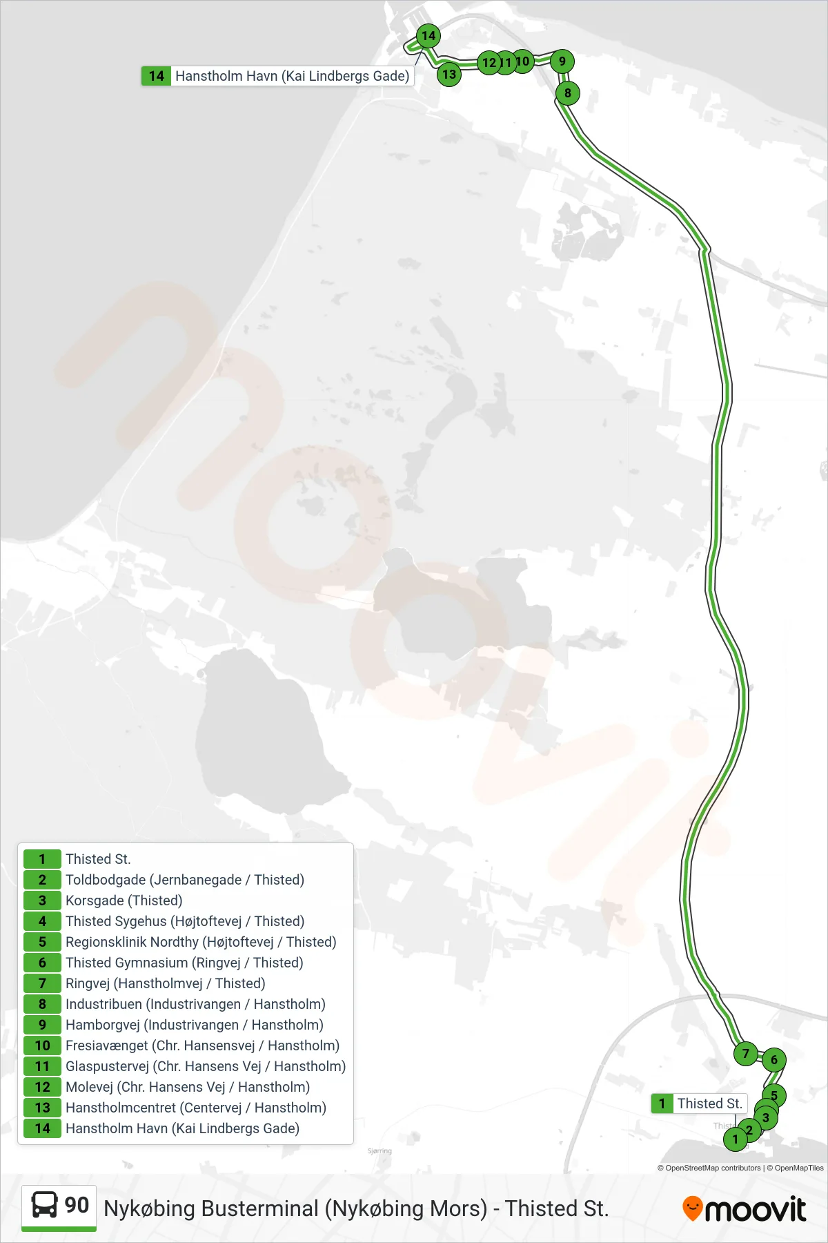 90 bus Linje (Hanstholm Direkte) rute og stop på et kort