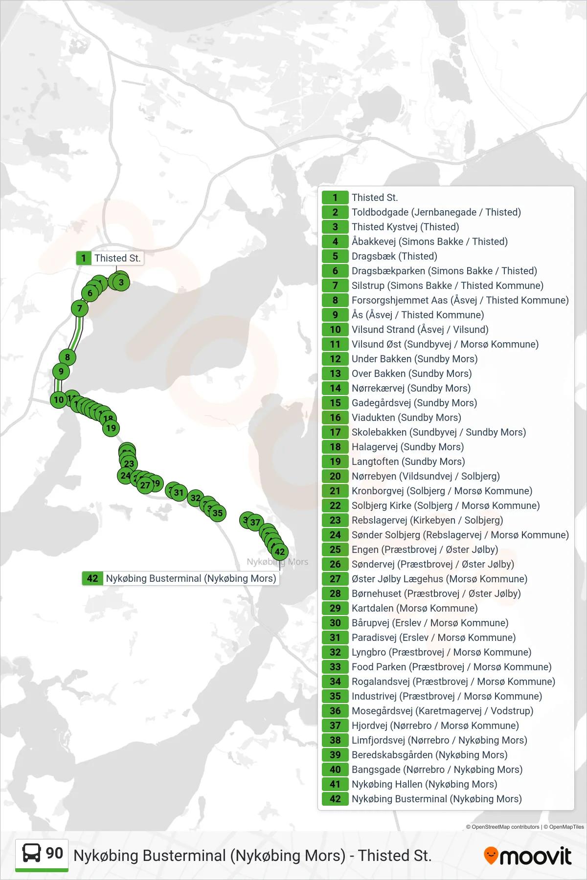 90 bus Linje (Nykøbing Mors) rute og stop på et kort
