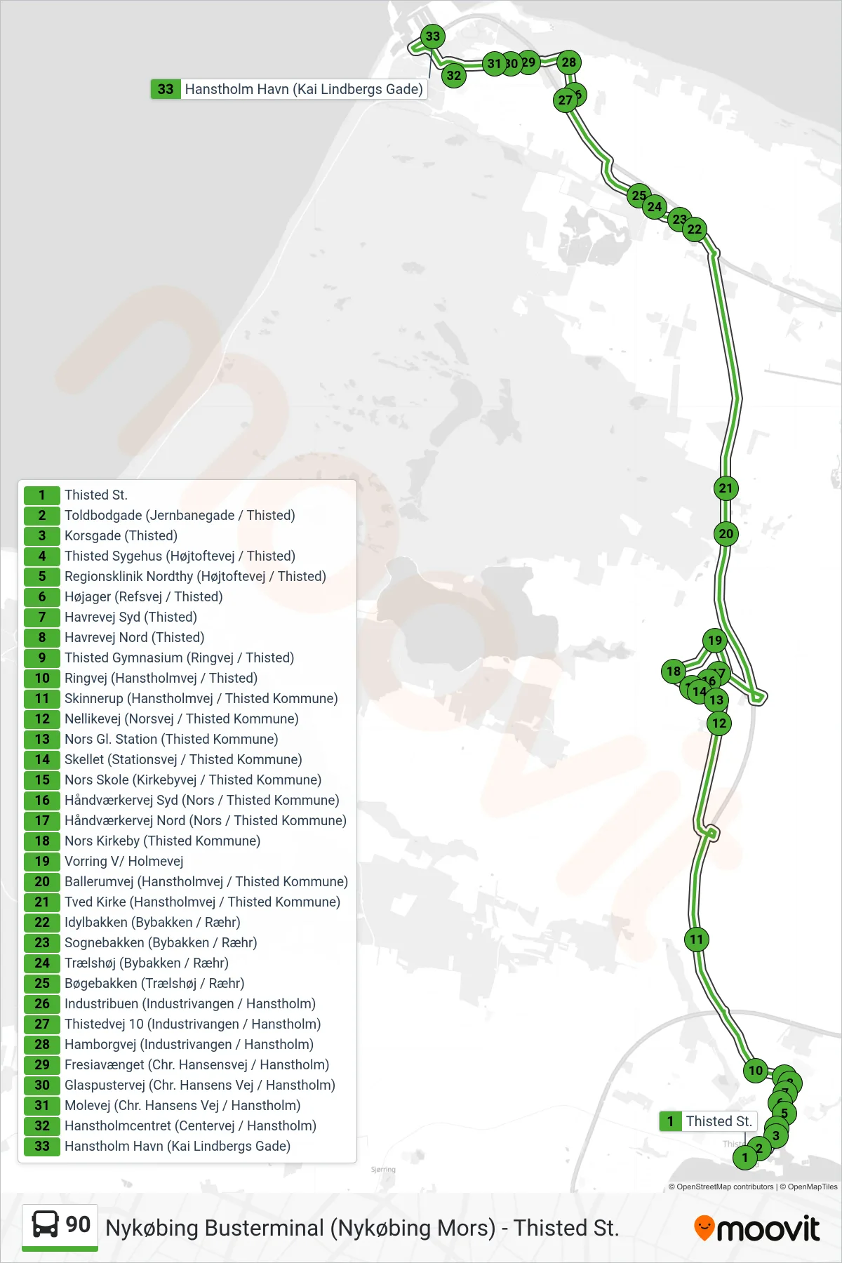 90 bus Linje (Hanstholm) rute og stop på et kort