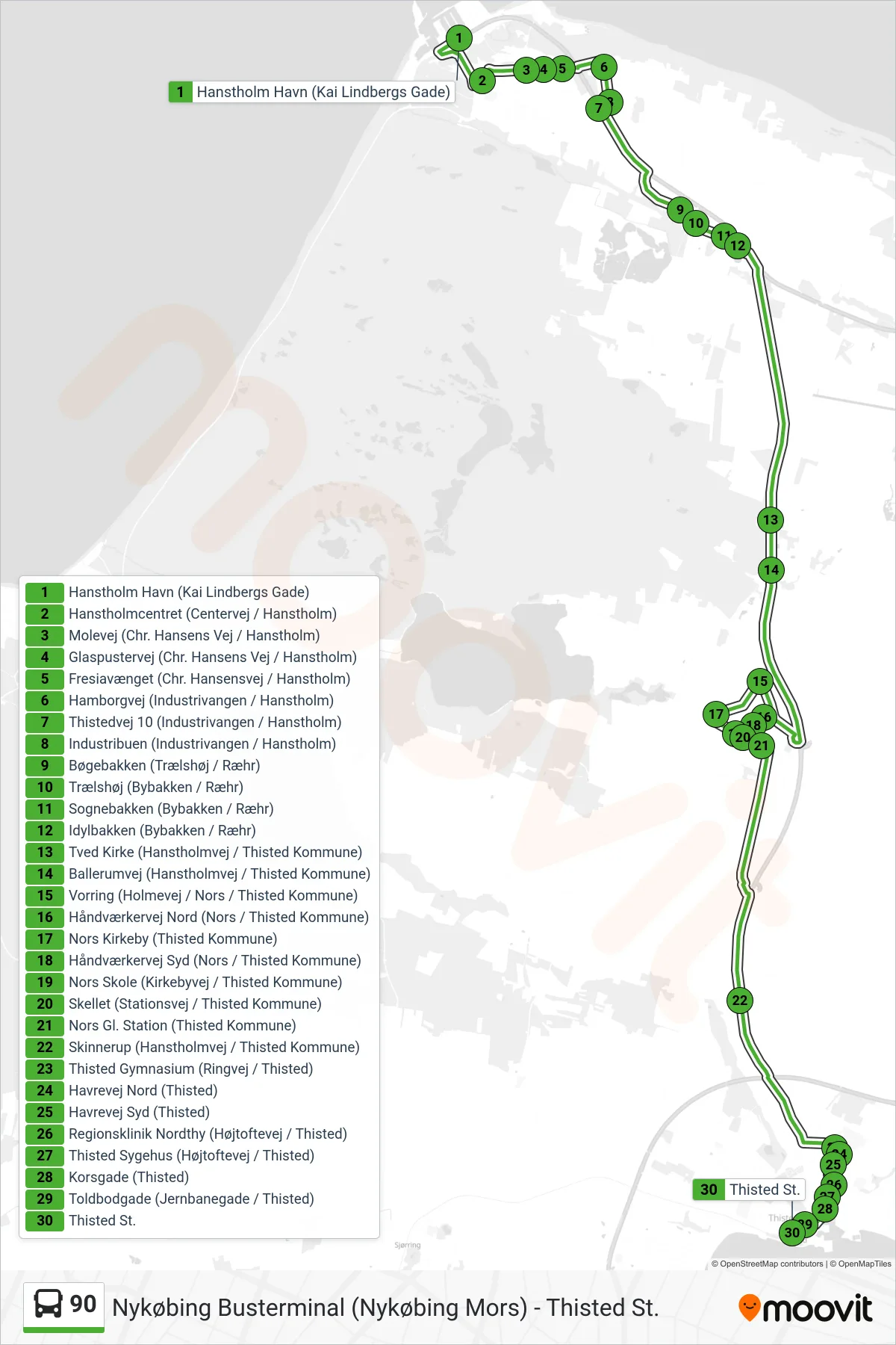 90 bus Linje (Thisted St.) rute og stop på et kort