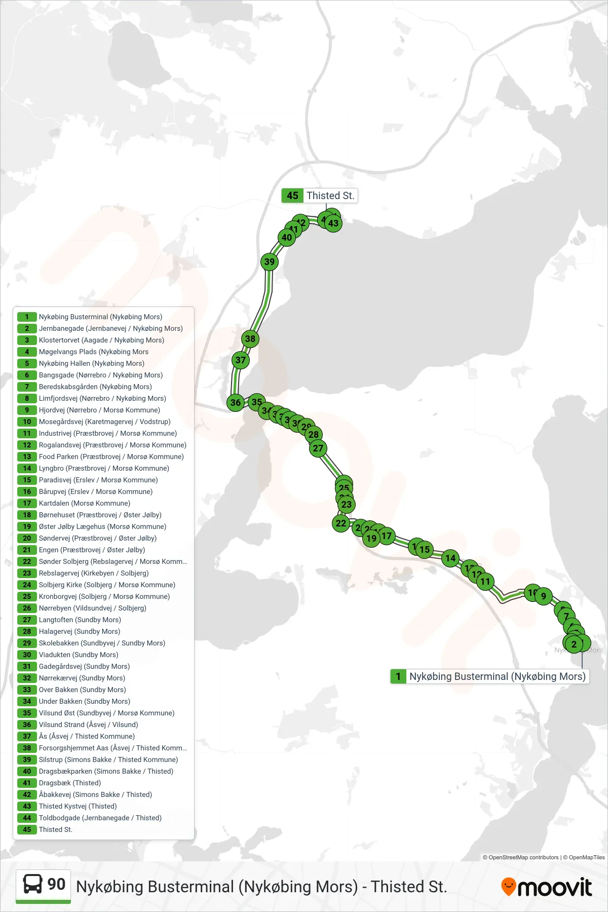 90 bus Linje (Thisted St.) rute og stop på et kort