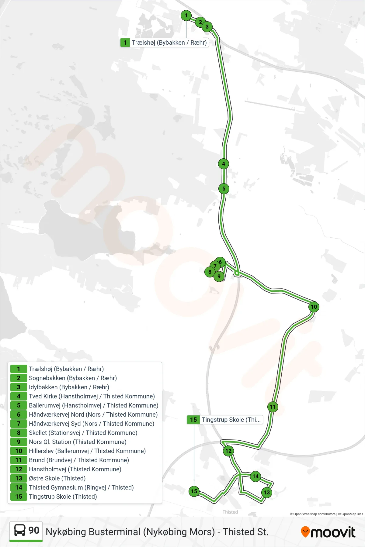 90 bus Linje (Tingstrup Via Gymnasiet) rute og stop på et kort