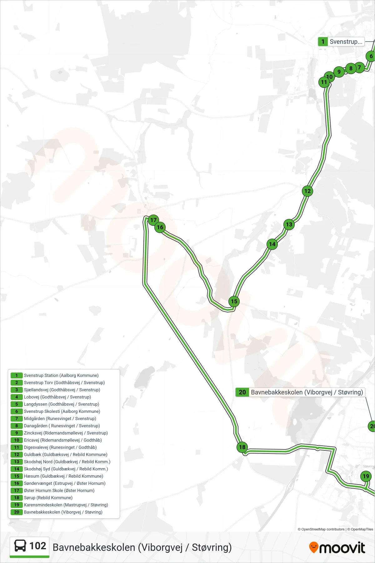 102 bus Linje (Bavnebakkeskolen (Viborgvej / Støvring)) rute og stop på et kort