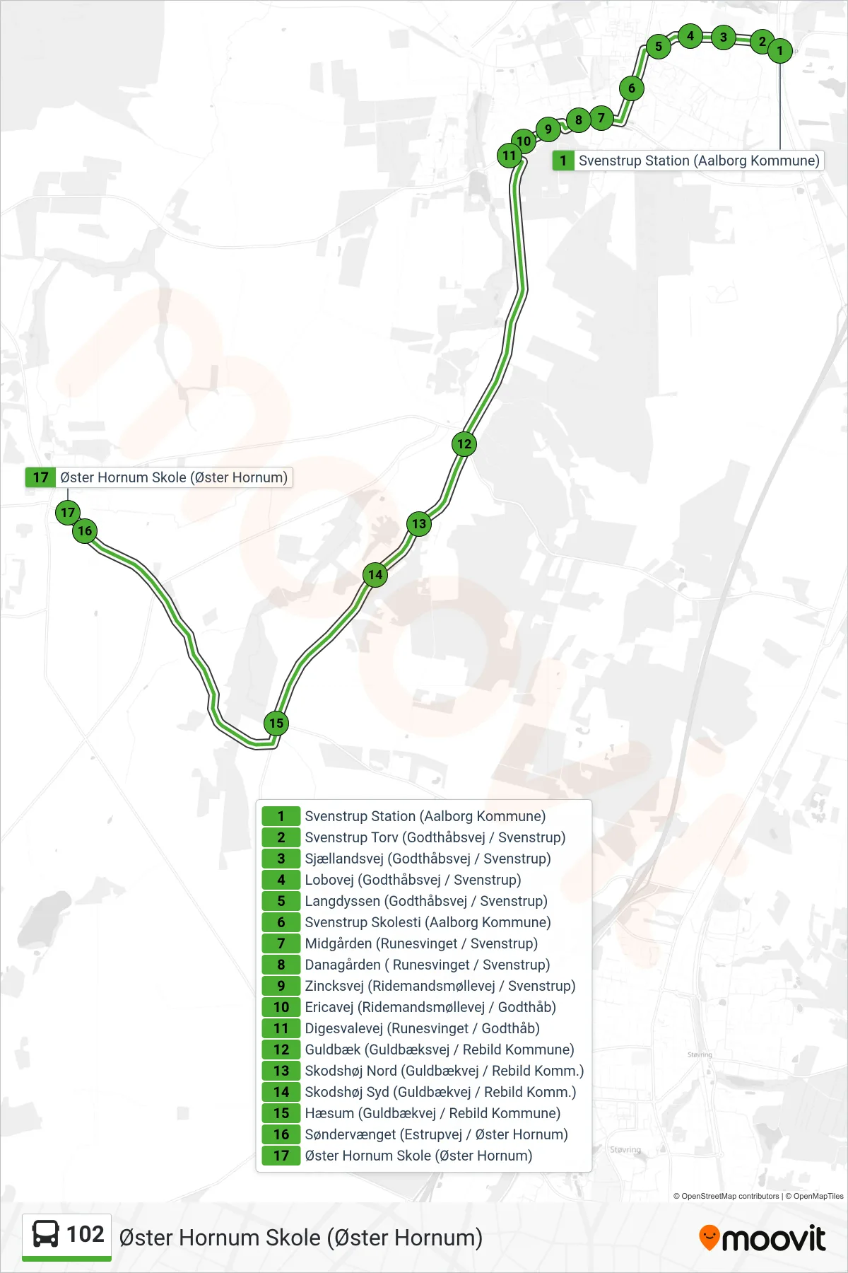 102 bus Linje (Øster Hornum Skole (Øster Hornum)) rute og stop på et kort