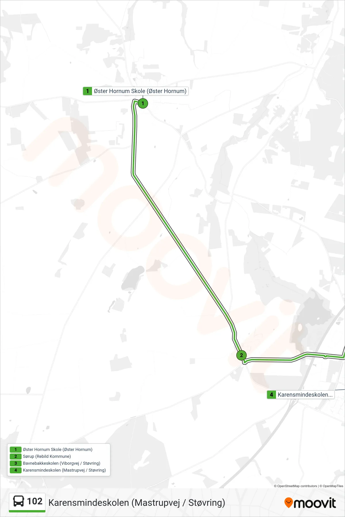 102 bus Linje (Karensmindeskolen (Mastrupvej / Støvring)) rute og stop på et kort