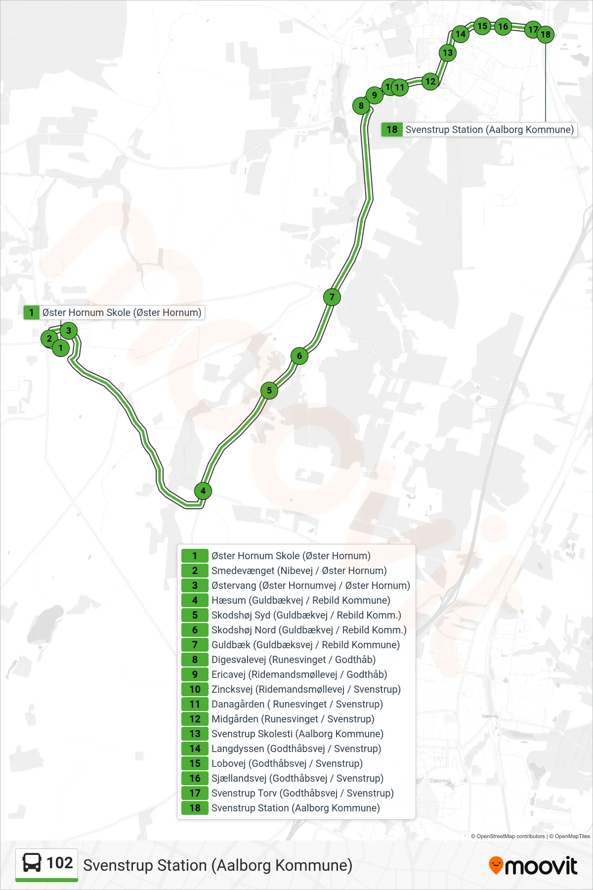 102 bus Linje (Svenstrup Station (Aalborg Kommune)) rute og stop på et kort