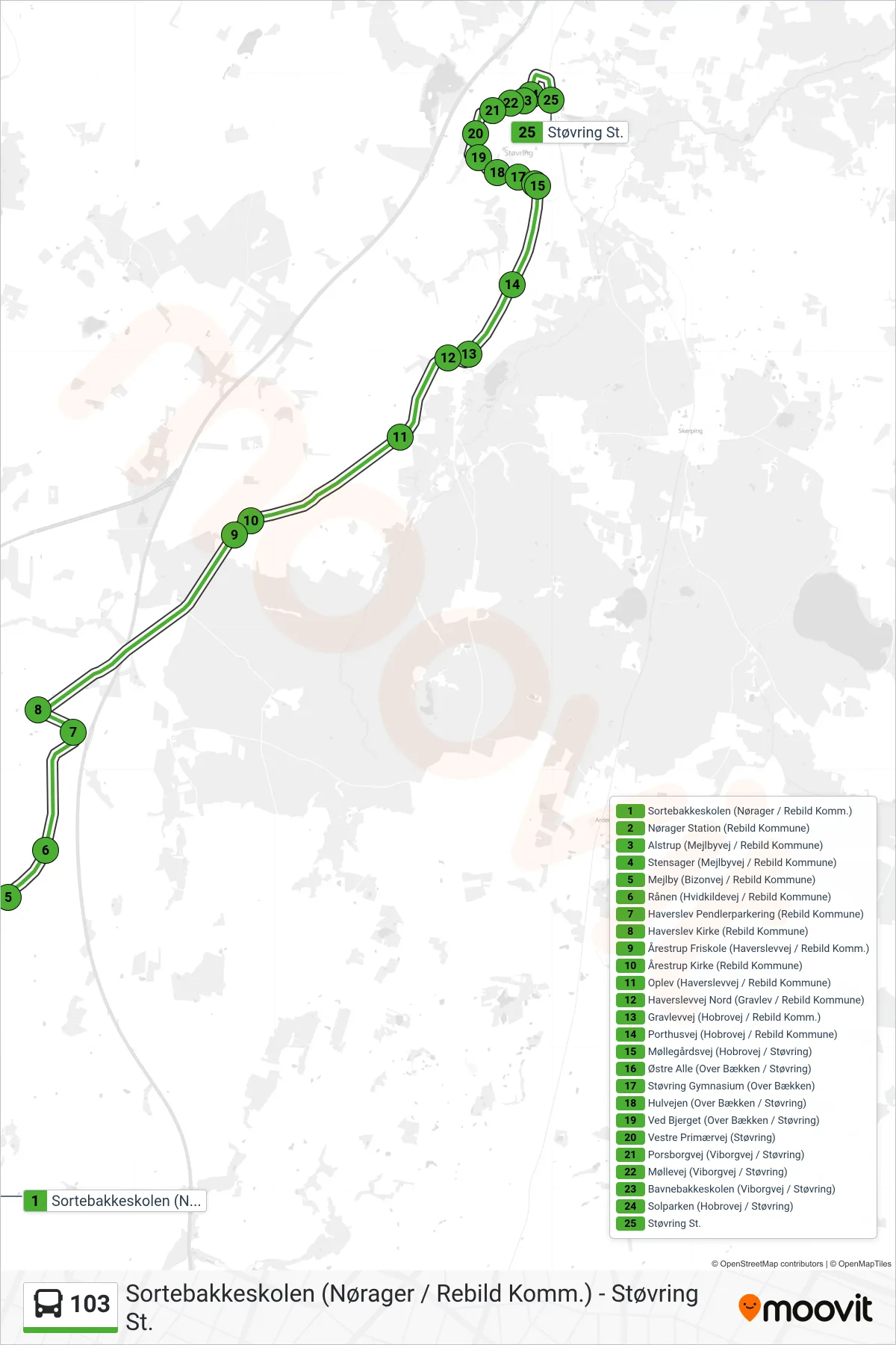 103 bus Linje (Støvring St. (Bus)) rute og stop på et kort