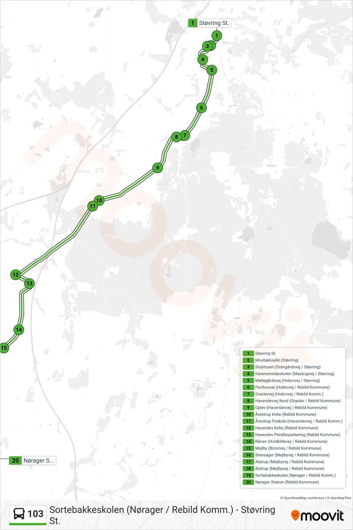 103 bus Linje (Nørager Station (Rebild Kommune)) rute og stop på et kort