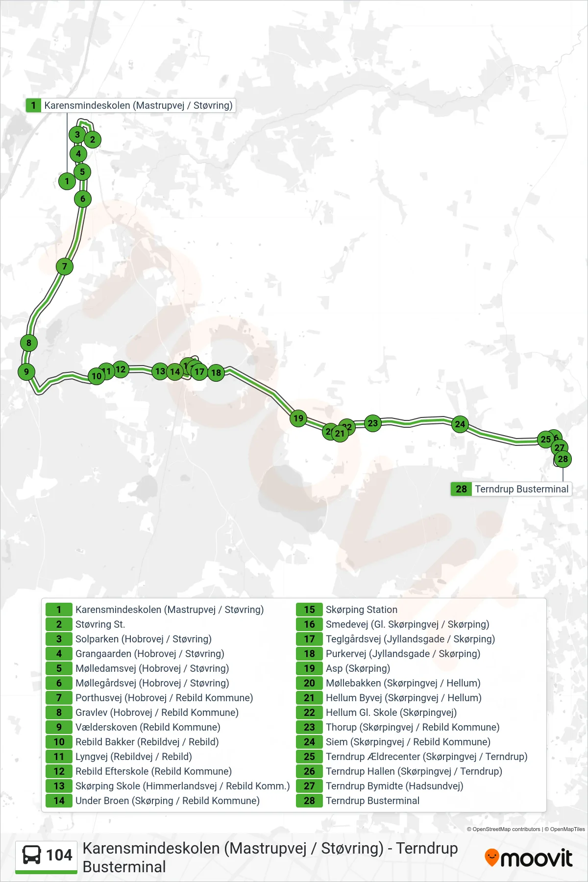 104 bus Linje (Terndrup Busterminal) rute og stop på et kort