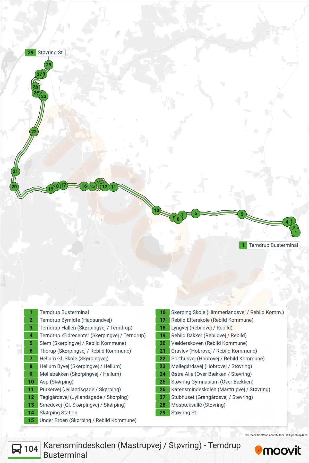 104 bus Linje (Støvring St. (Bus)) rute og stop på et kort