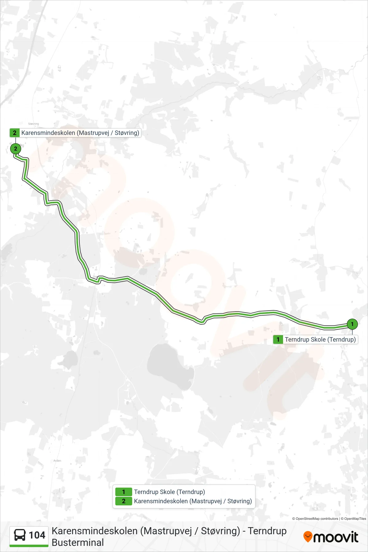 104 bus Linje (Karensmindeskolen) rute og stop på et kort