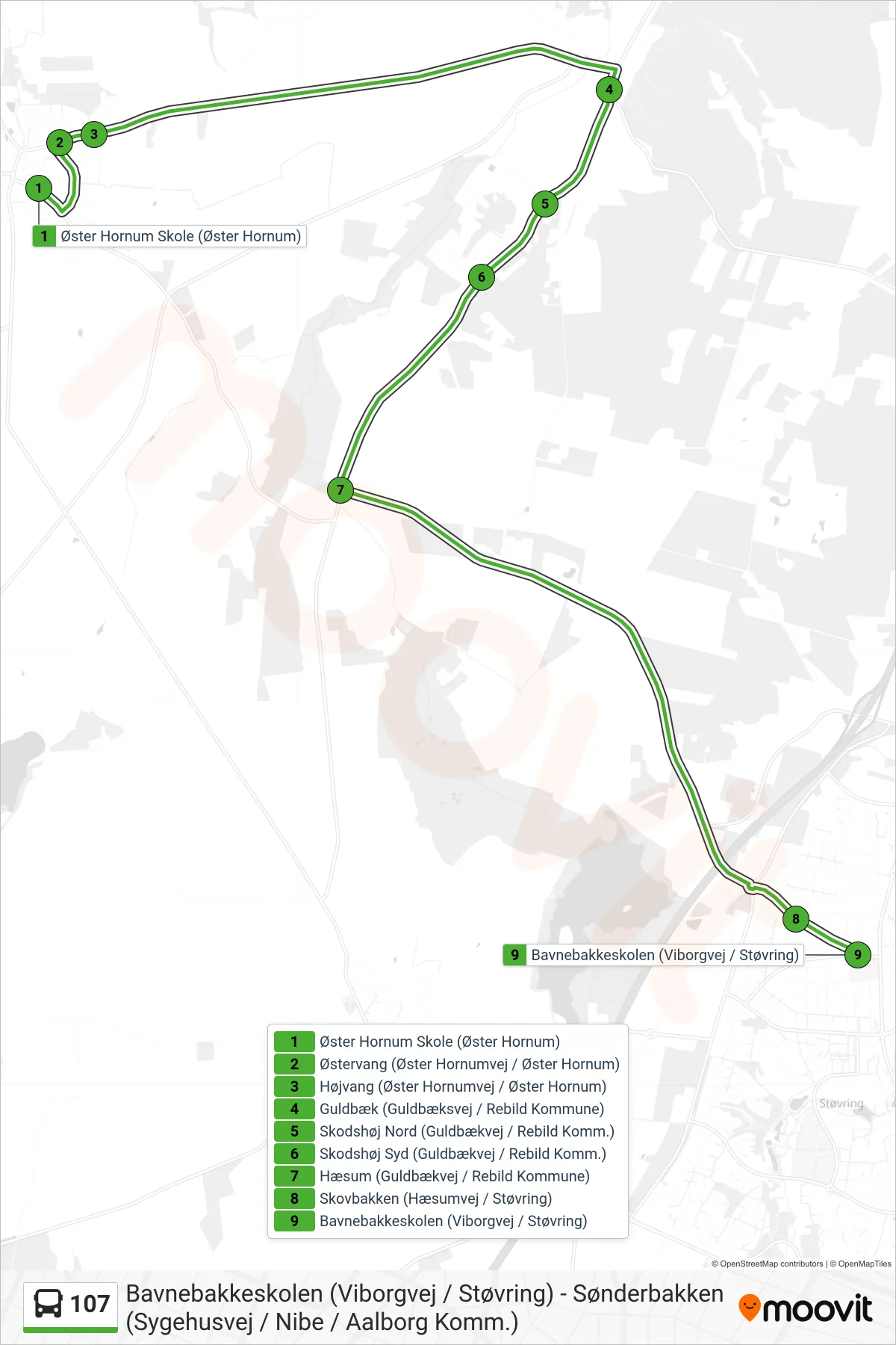 107 bus Linje (Bavnebakkeskolen (Viborgvej / Støvring)) rute og stop på et kort