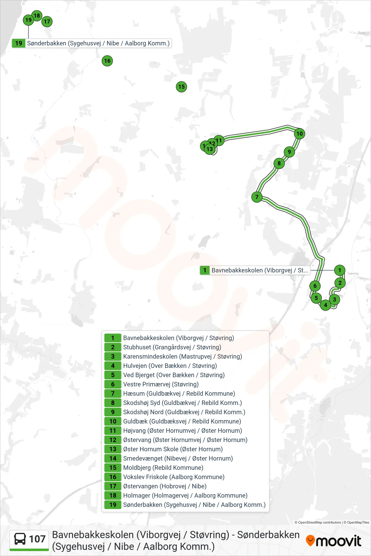 107 bus Linje (Nibe) rute og stop på et kort