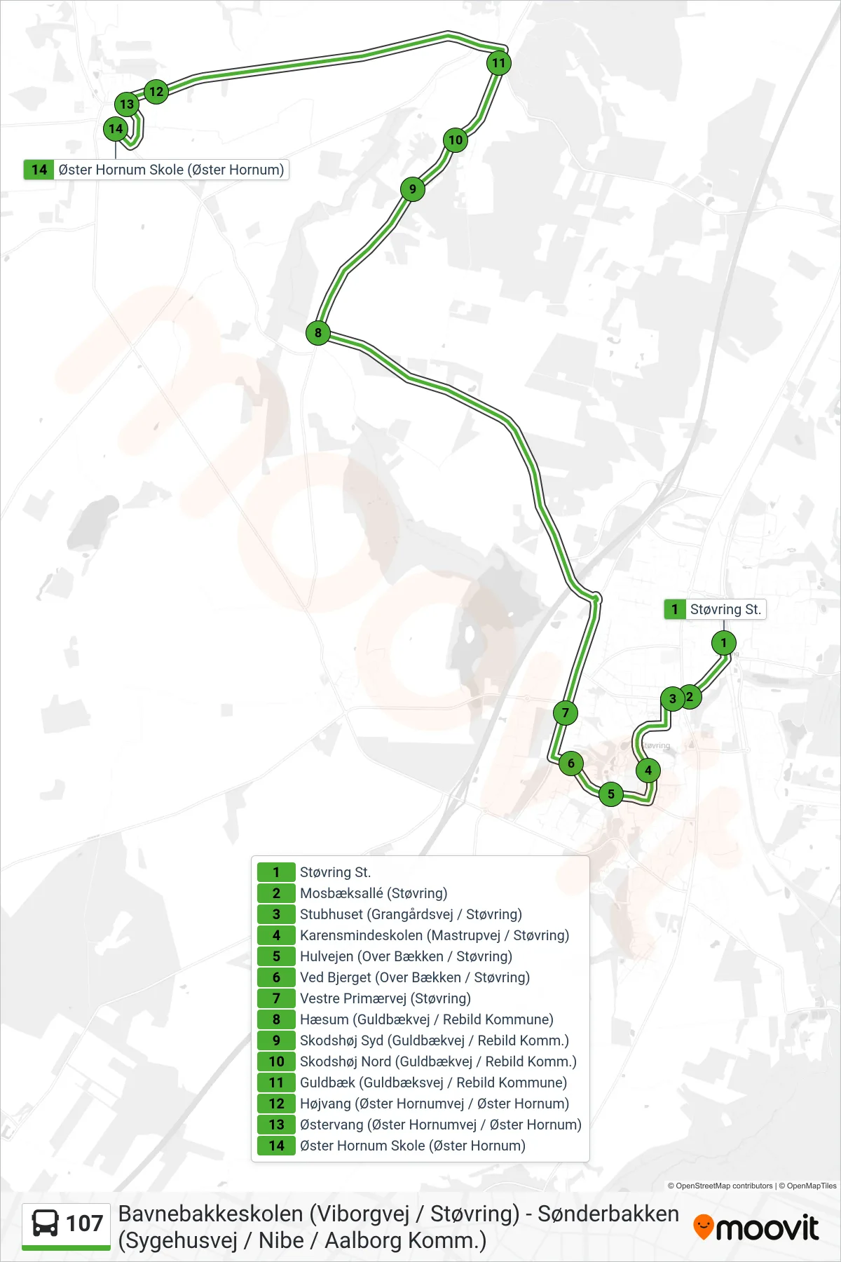 107 bus Linje (Øster Hornum Skole (Øster Hornum)) rute og stop på et kort