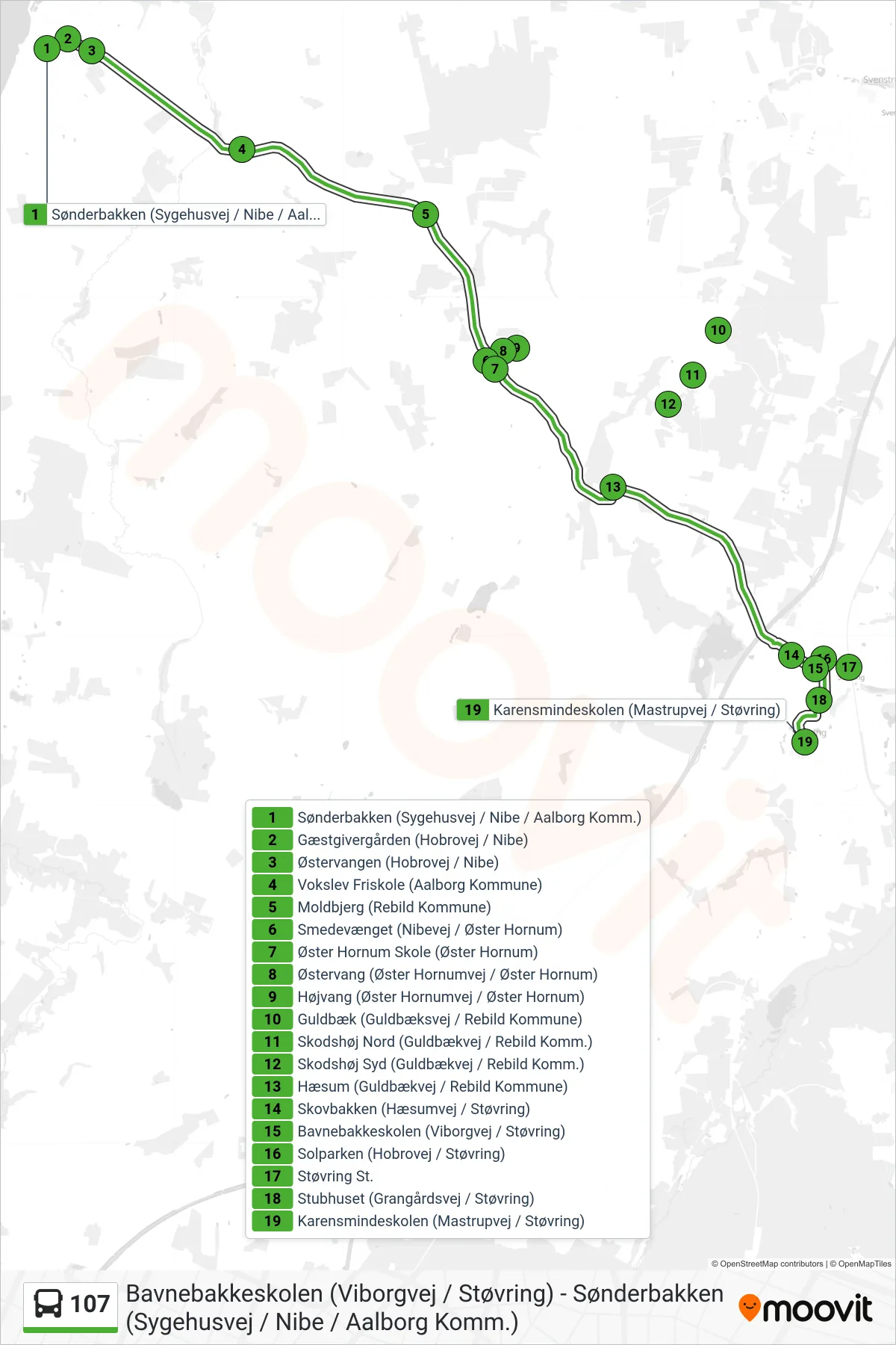 107 bus Linje (Støvring) rute og stop på et kort