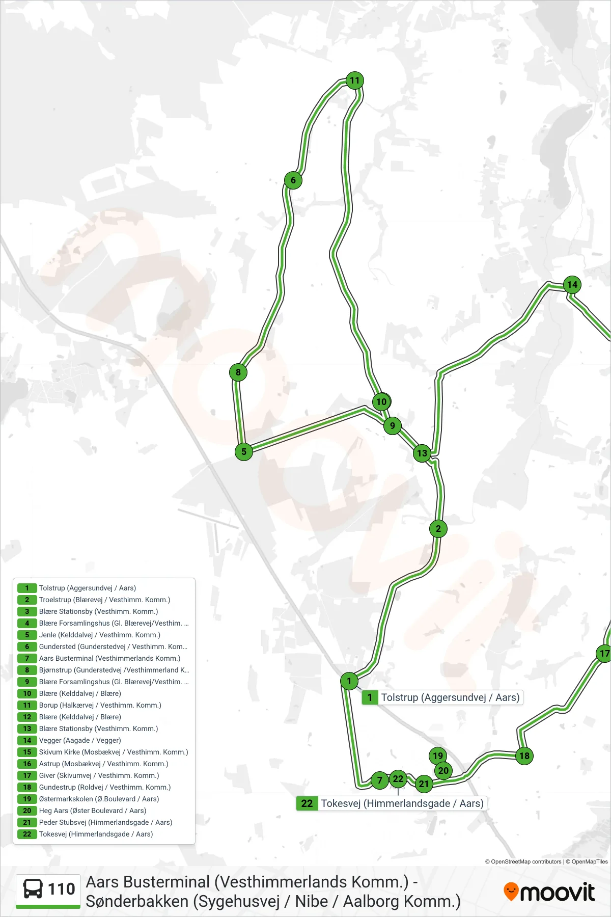 110 bus Linje (Vegger - Aars) rute og stop på et kort