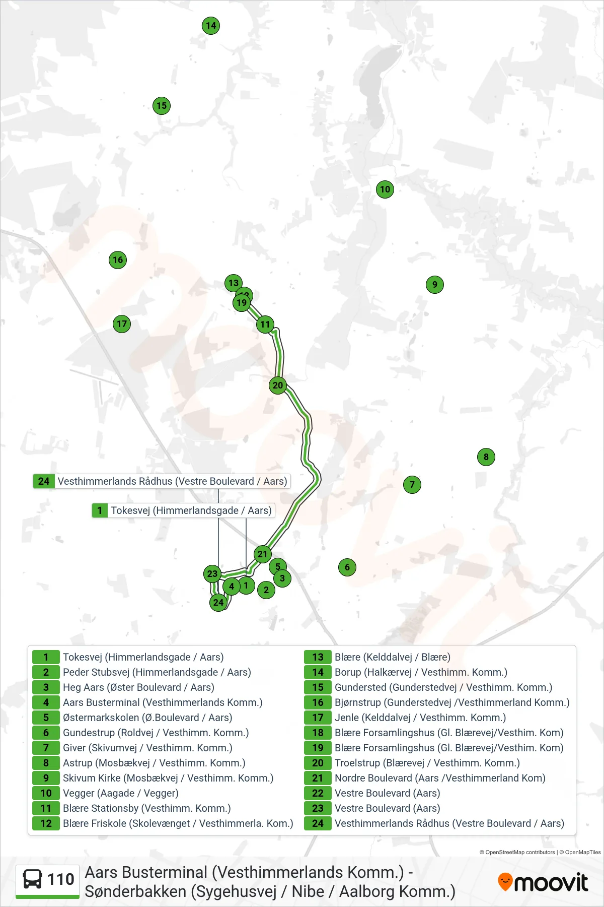 110 bus Linje (Vegger - Aars) rute og stop på et kort
