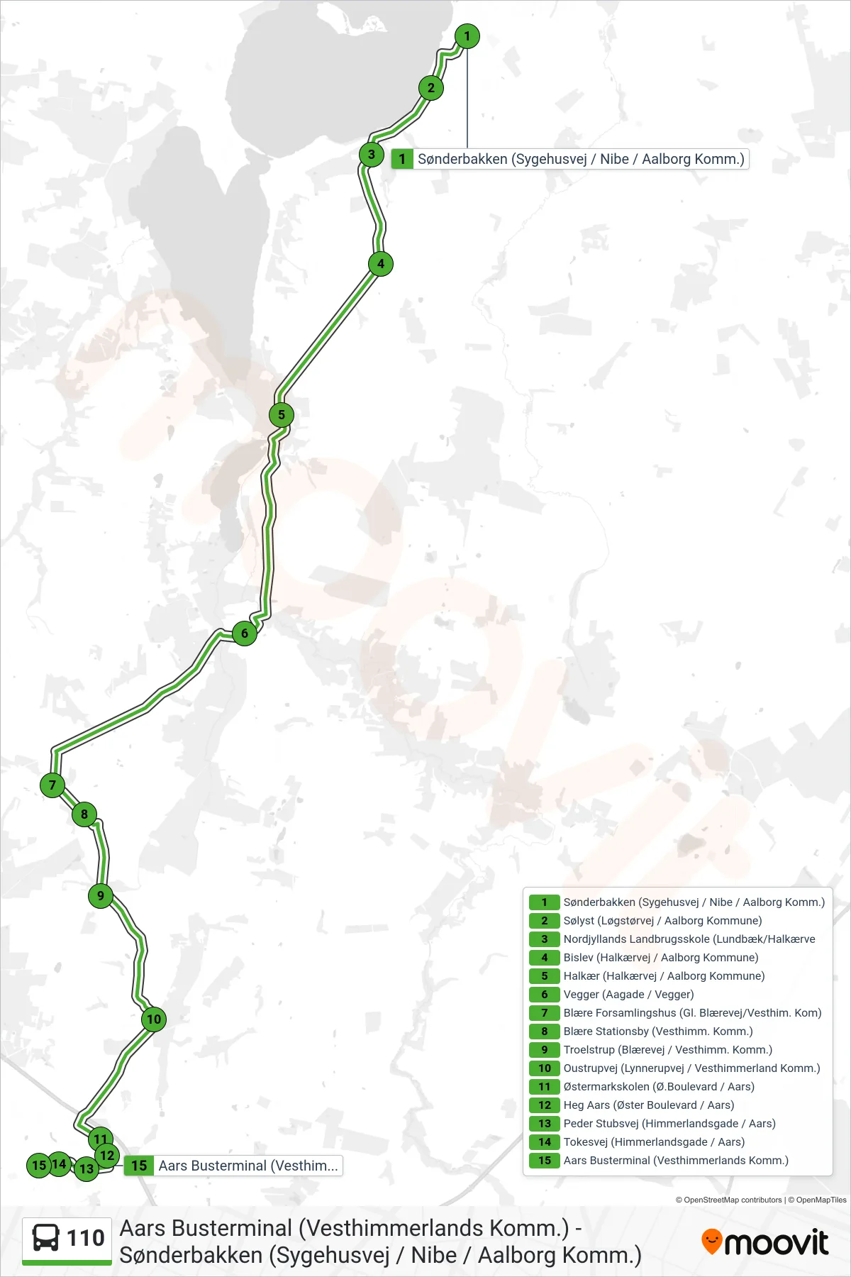 110 bus Line (Aars Busterminal) route and stops on a map