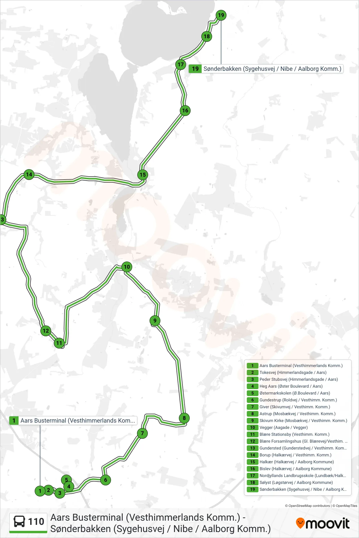 110 bus Linje (Nibe) rute og stop på et kort