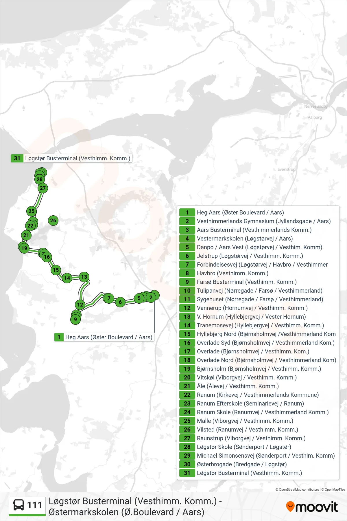 111 bus Linje (Løgstør) rute og stop på et kort