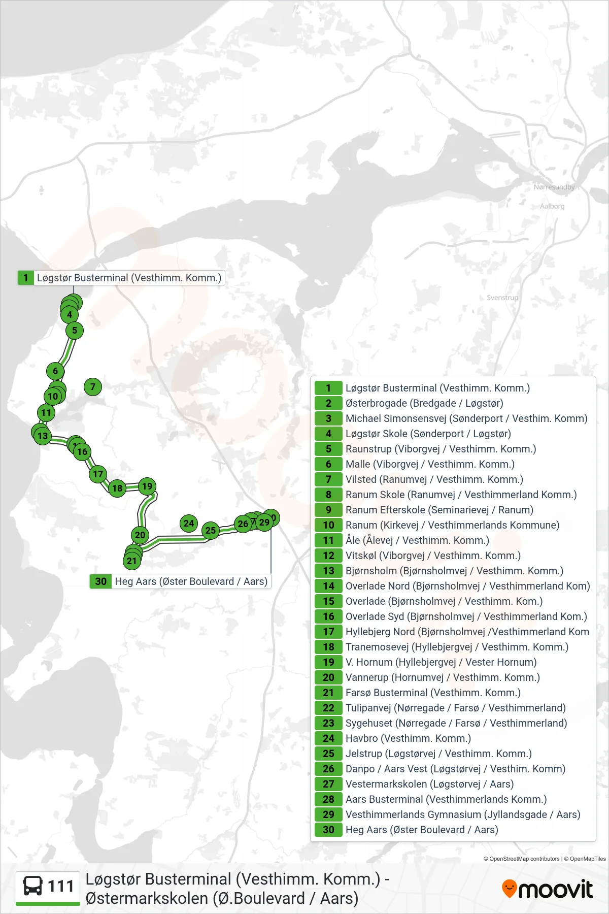 111 bus Linje (Aars) rute og stop på et kort