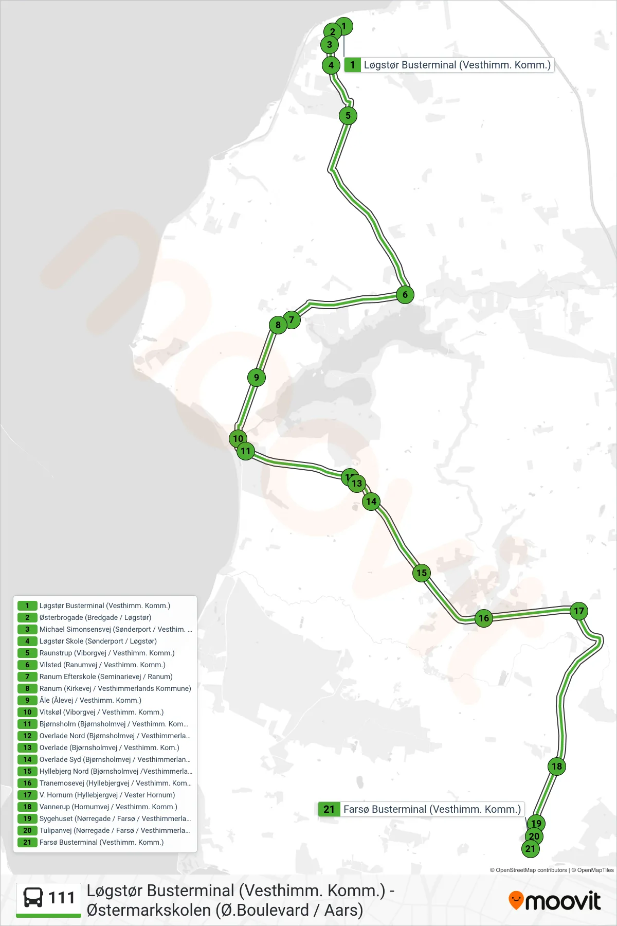 111 bus Linje (Farsø) rute og stop på et kort