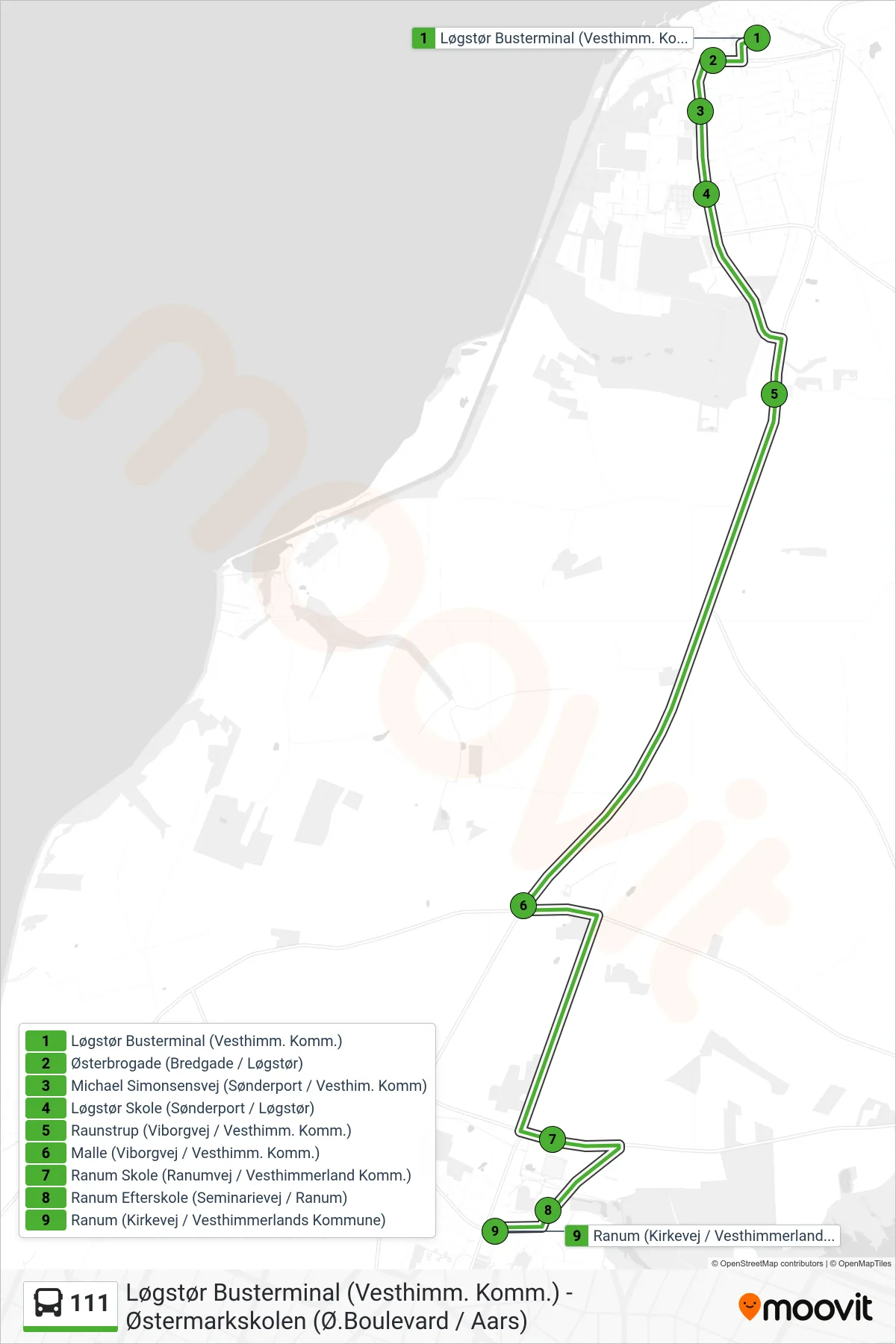 111 bus Linje (Ranum) rute og stop på et kort