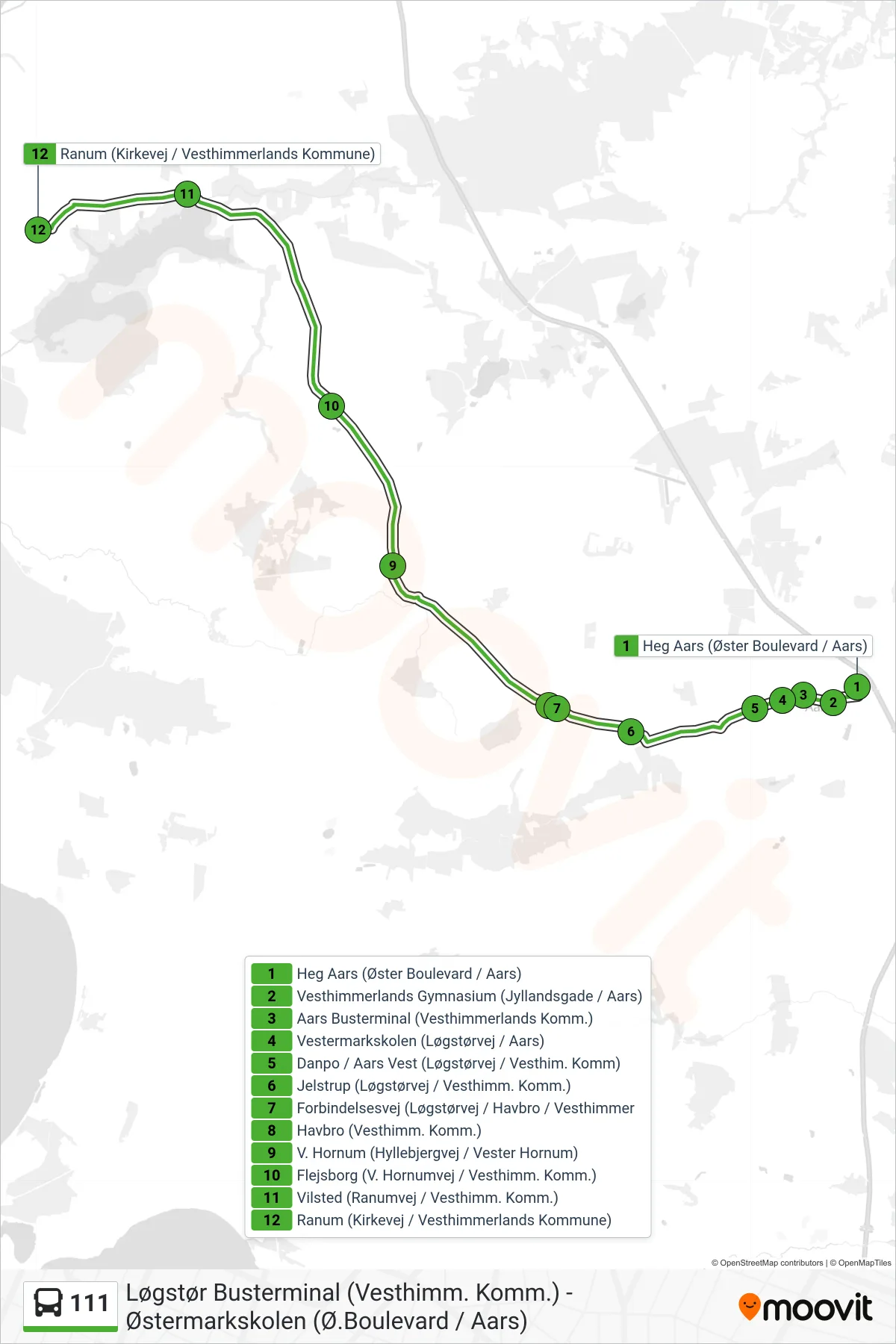 111 bus Linje (Ranum) rute og stop på et kort