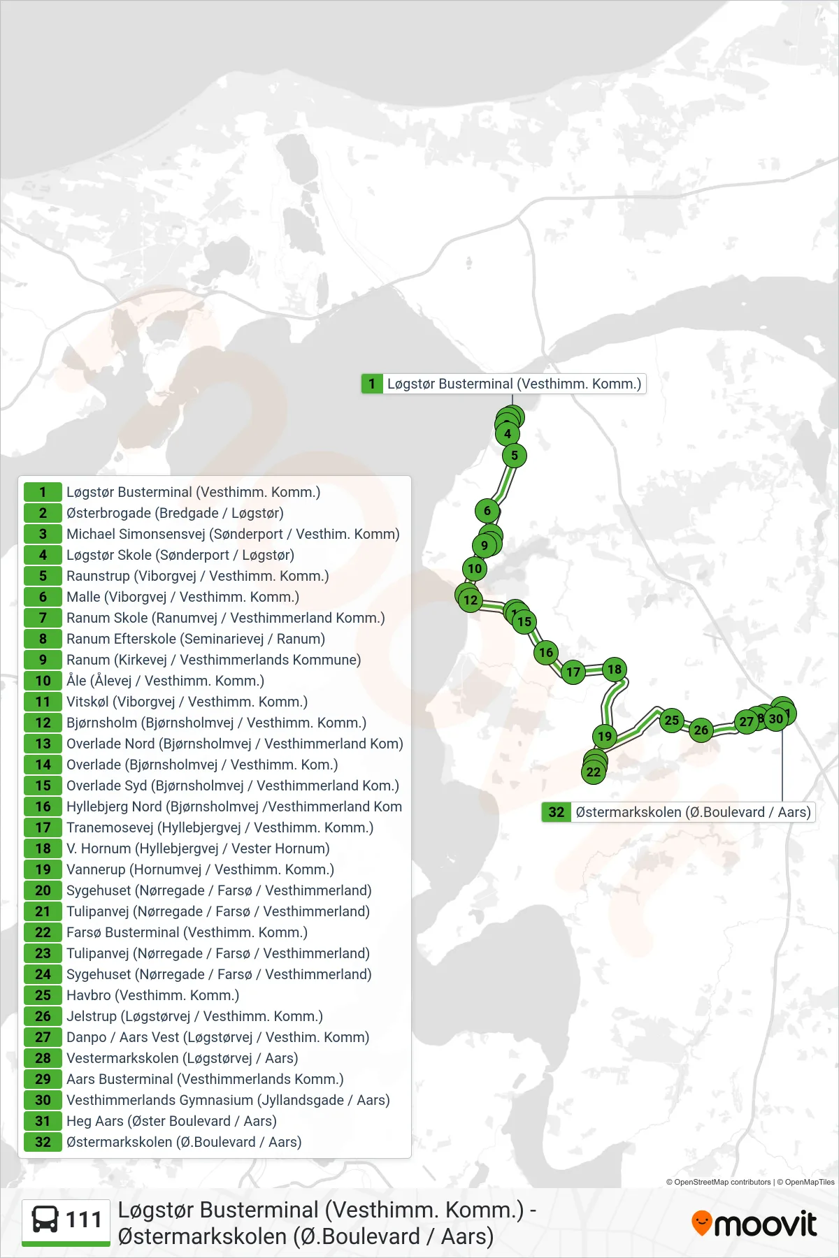 111 bus Linje (Heg Aars) rute og stop på et kort
