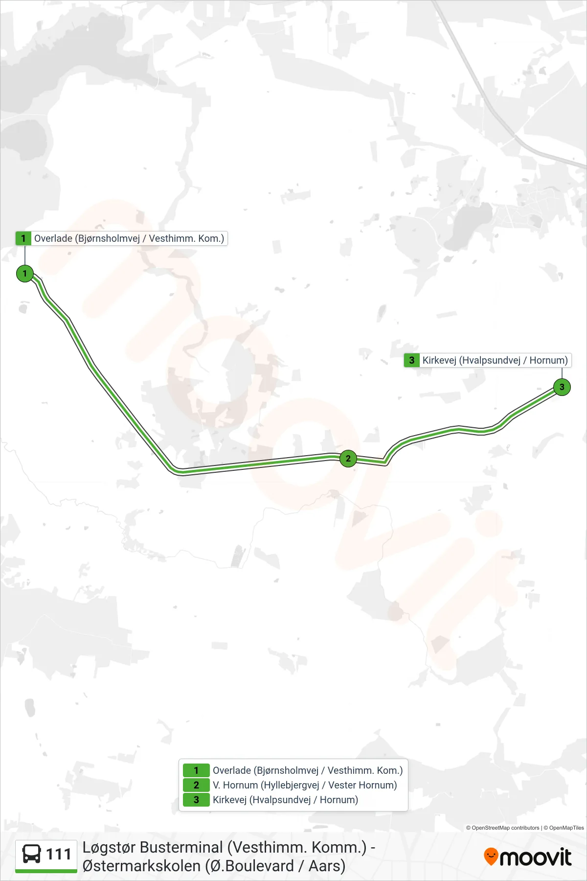 111 bus Linje (Aars Ekstra) rute og stop på et kort