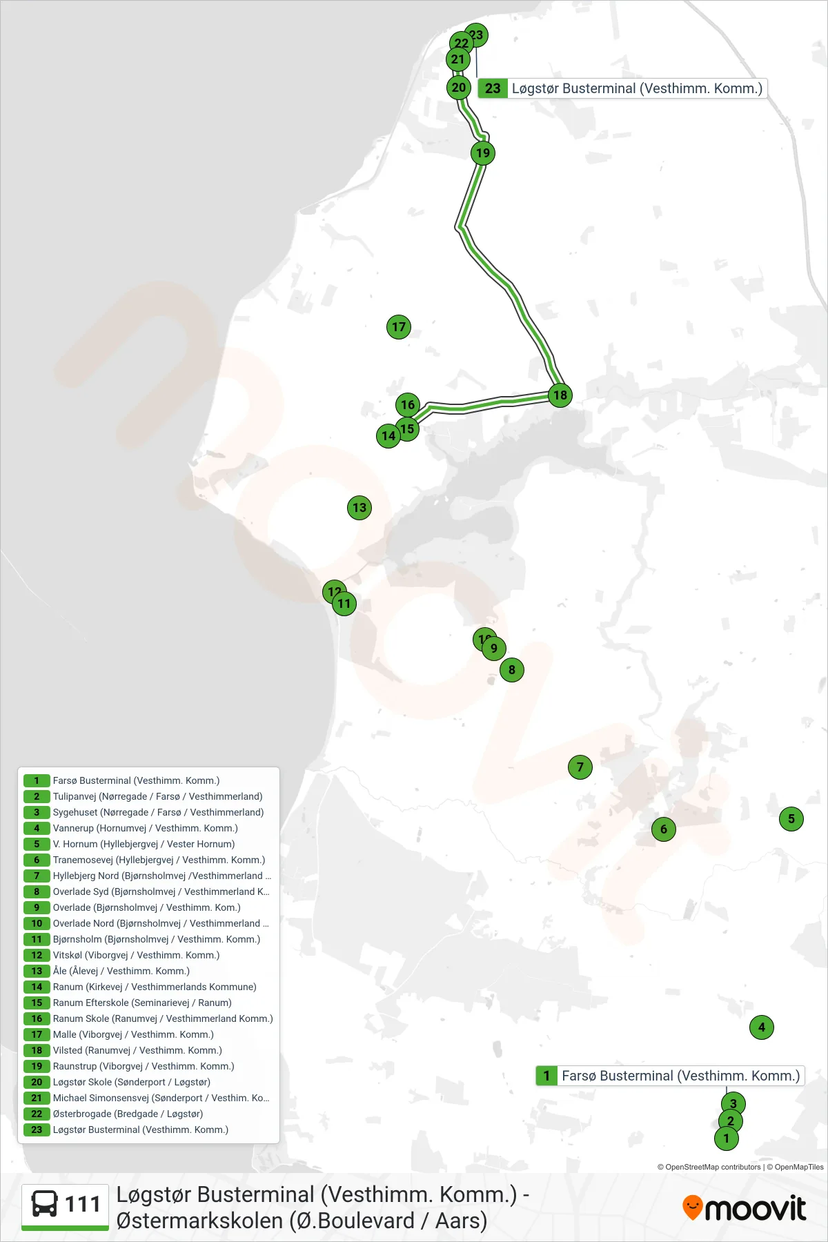 111 bus Linje (Løgstør Busterminal (Vesthimm. Komm.)) rute og stop på et kort