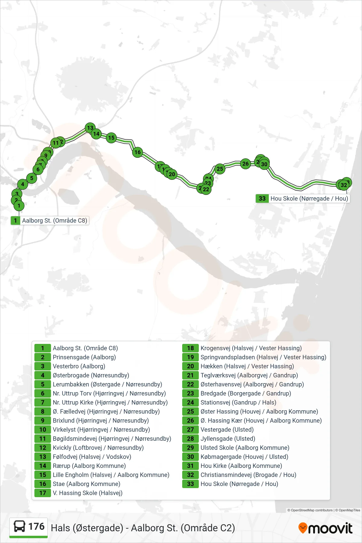 176 bus Linje (Hou) rute og stop på et kort