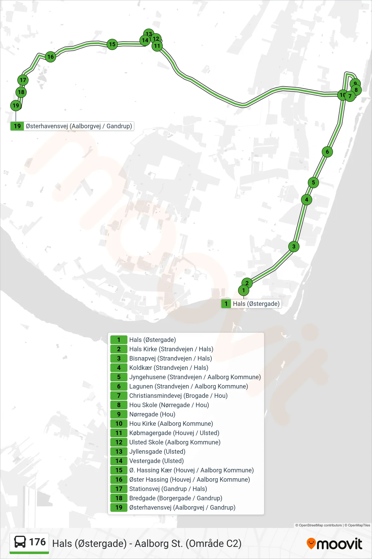 176 bus Linje (Gandrup) rute og stop på et kort