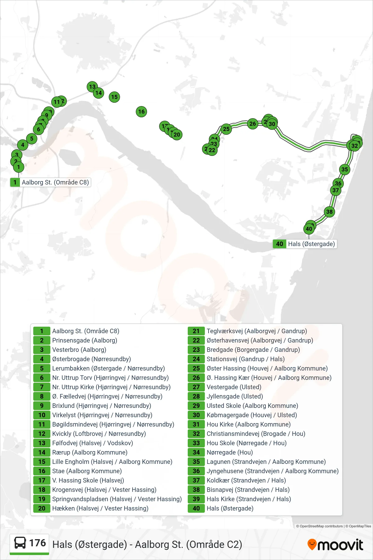 176 bus Linje (Hals) rute og stop på et kort