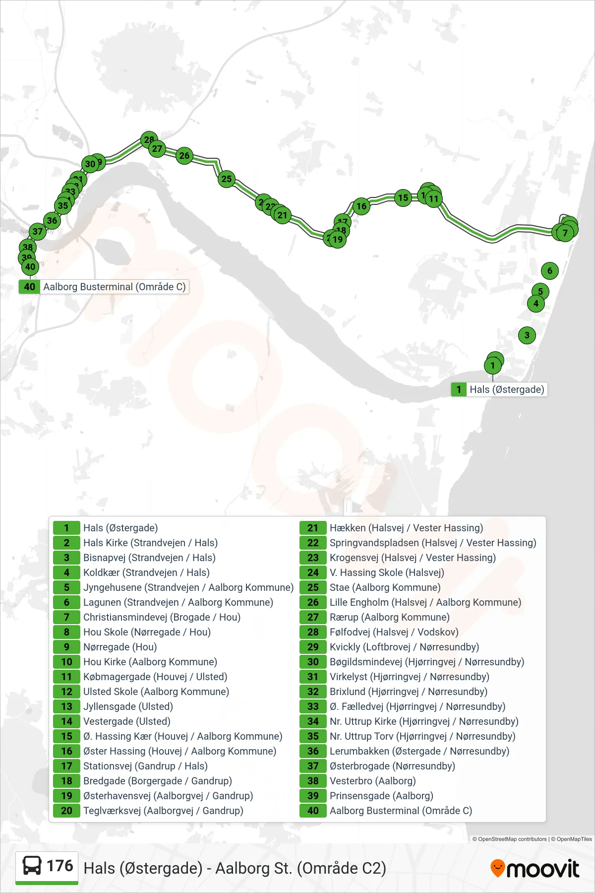 176 bus Linje (Aalborg St.) rute og stop på et kort