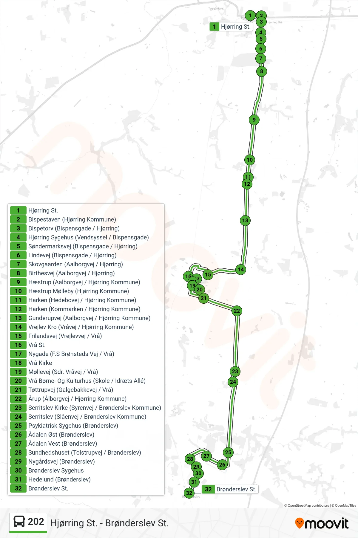 202 bus Linje (Brønderslev St.) rute og stop på et kort
