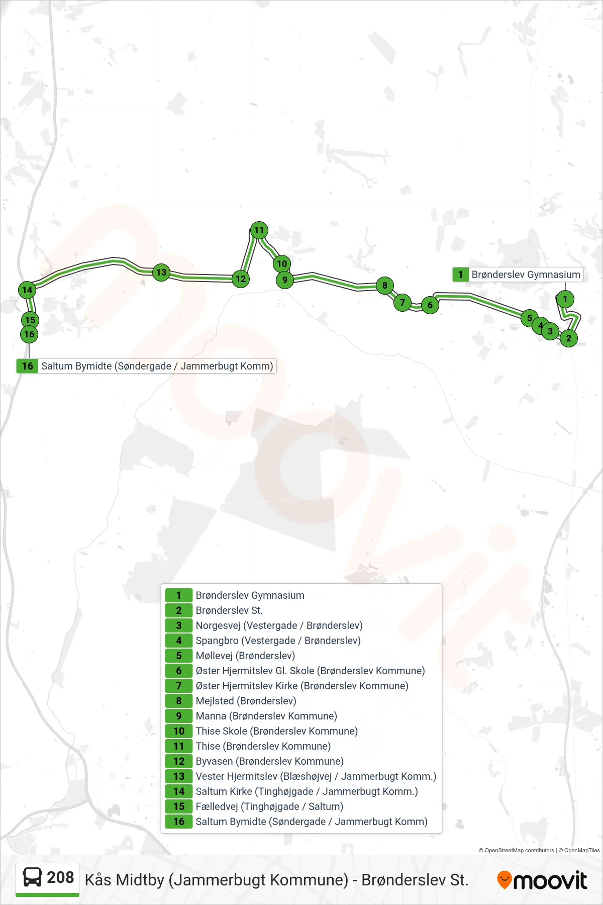 208 bus Linje (Saltum) rute og stop på et kort